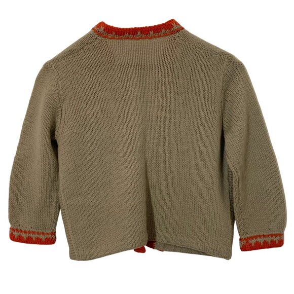 Hand Knit Cardigan Beige w/ Orange Geometric Design Open Front 3/4 Sleeves VTG - Picture 2 of 6
